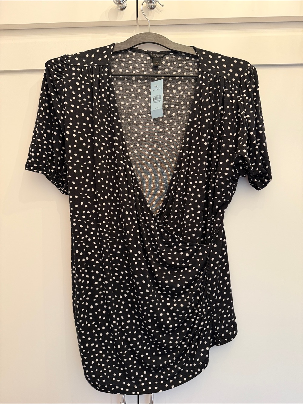 Ann Taylor Black and White Polka Dot Wrap-Front Blouse